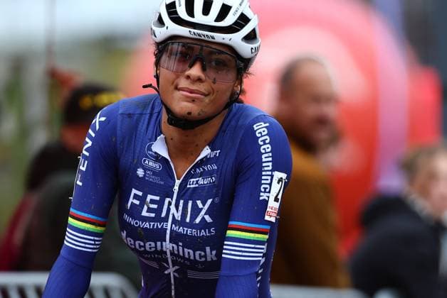 Dutch Ceylin Del Carmen Alvarado crosses the finish line at the women elite race of the Exact Cross Beringen cyclocross cycling event, Saturday 12 October 2024 in Beringen, race 1 7 of the Exact Cross competition. DAVIDxPINTENS  x102385139x