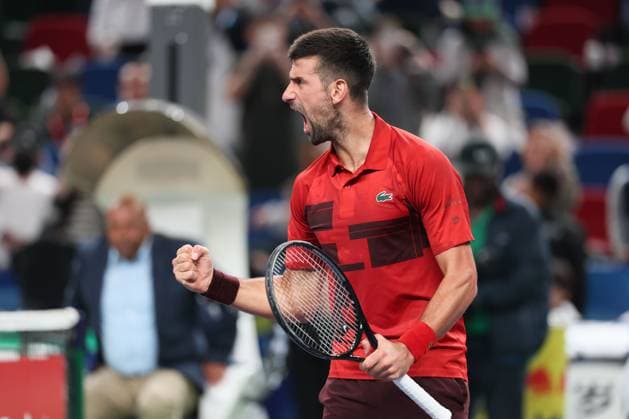 (241012) -- SHANGHAI, Oct. 12, 2024 -- Novak Djokovic celebrates after winning the men s singles semifinal match between Taylor Fritz of the United States and Novak Djokovic of Serbia at the ATP, Tennis Herren World Tour Shanghai Masters tennis tournament in Shanghai, east China, Oct. 12, 2024. ) (SP)CHINA-SHANGHAI-TENNIS-ATP TOUR-SHANGHAI MASTERS(CN) WangxXiang 