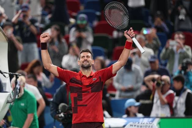 (241012) -- SHANGHAI, Oct. 12, 2024 -- Novak Djokovic celebrates after winning the men s singles semifinal match between Taylor Fritz of the United States and Novak Djokovic of Serbia at the ATP, Tennis Herren World Tour Shanghai Masters tennis tournament in Shanghai, east China, Oct. 12, 2024. ) (SP)CHINA-SHANGHAI-TENNIS-ATP TOUR-SHANGHAI MASTERS(CN) WangxXiang 