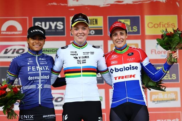 Dutch Ceylin Del Carmen Alvarado, Dutch Fem Van Empel and Dutch Lucinda Brand celebrate on the podium after the women elite race of the Exact Cross Beringen cyclocross cycling event, Saturday 12 October 2024 in Beringen, race 1 7 of the Exact Cross competition. DAVIDxPINTENS  x102386118x