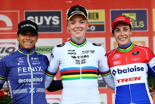 Dutch Ceylin Del Carmen Alvarado, Dutch Fem Van Empel and Dutch Lucinda Brand celebrate on the podium after the women elite race of the Exact Cross Beringen cyclocross cycling event, Saturday 12 October 2024 in Beringen, race 1 7 of the Exact Cross competition. DAVIDxPINTENS  x102386121x