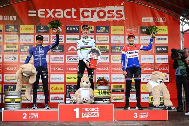 Dutch Ceylin Del Carmen Alvarado, Dutch Fem Van Empel and Dutch Lucinda Brand celebrate on the podium after the women elite race of the Exact Cross Beringen cyclocross cycling event, Saturday 12 October 2024 in Beringen, race 1 7 of the Exact Cross competition. DAVIDxPINTENS  x102386126x