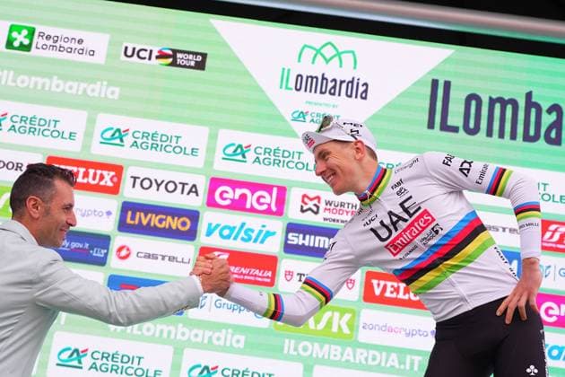Tadej Pogacar ( first classified ) and Vincenzo Nibali during the 118th edition of the ILombardia a 255 km one day race from Bergano to Como on October 12, 2024, Italy.  Copyright: xSpada xLaPressex