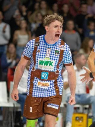 Freudenschrei . . . Herrschings 9 Eric BURGGRAEF (BURGGRÄF). Volleyball Herrsching - Dueren. Volleyball Bundesliga, WWK Volleys Herrsching - SWD Power Volleys Düren 3:2, Hauptrunde, Saison 2024-2025, 12.10.2024, in Muenchen, Deutschland, . Quelle Copyright Credit : Oryk HAIST