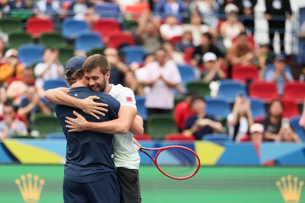 (241013) -- SHANGHAI, Oct. 13, 2024 -- Wesley Koolhof (L) of the Netherlands Nikola Mektic of Croatia celebrate after the men s doubles final match against Maximo Gonzalez Andres Molteni of Argentina at the ATP, Tennis Herren World Tour Shanghai Masters tennis tournament in Shanghai, east China, Oct. 13, 2024. ) (SP)CHINA-SHANGHAI-TENNIS-ATP TOUR-SHANGHAI MASTERS(CN) WangxXiang 