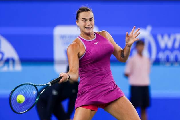 WUHAN, CHINA - OCTOBER 13: Aryna Sabalenka competes in the Women s Singles Final match against Zheng Qinwen of China on day nine of 2024 Wuhan Open at Optics Valley International Tennis Center on October 13, 2024 in Wuhan, Hubei Province of China.  Copyright: xVCGx 111523536765