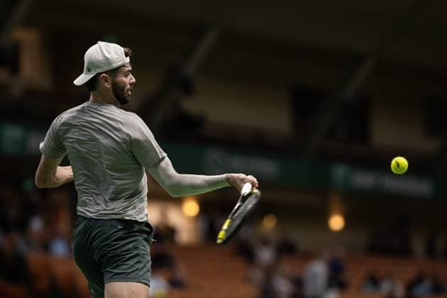 241013 Kamil Majchrzak of Poland competes in a men s singles qualifier tennis match during day 2 of the ATP, Tennis Herren 250 Nordic Open on October 13, 2024 in Stockholm. Photo: Maxim ThorÃ BILDBYRAN kod MT MT0678 tennis nordic open 2 bbeng atp 250 Copyright: MAXIMxTHORE BB241013MT027