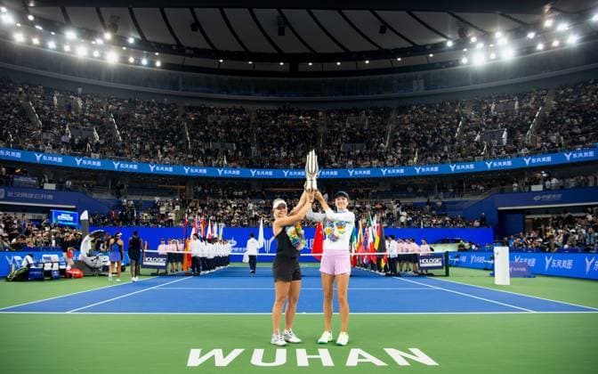 (241013) -- WUHAN, Oct. 13, 2024 -- Anna Danilina (R) Irina Khromacheva celebrate during the awarding ceremony of the women s doubles final match between Anna Danilina of Kazakhstan Irina Khromacheva of Russia and Asia Muhammad Jessica Pegula of the United States at the 2024 Wuhan Open tennis tournament in Wuhan, central China s Hubei Province, Oct. 13, 2024. ) (SP)CHINA-WUHAN-TENNIS-WUHAN OPEN-WOMEN S DOUBLES-FINAL(CN) XiaoxYijiu 
