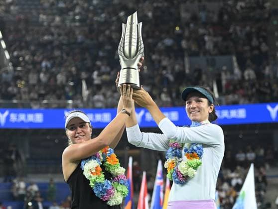 (241013) -- WUHAN, Oct. 13, 2024 -- Anna Danilina (R) Irina Khromacheva celebrate during the awarding ceremony of the women s doubles final match between Anna Danilina of Kazakhstan Irina Khromacheva of Russia and Asia Muhammad Jessica Pegula of the United States at the 2024 Wuhan Open tennis tournament in Wuhan, central China s Hubei Province, Oct. 13, 2024. ) (SP)CHINA-WUHAN-TENNIS-WUHAN OPEN-WOMEN S DOUBLES-FINAL(CN) ChengxMin 