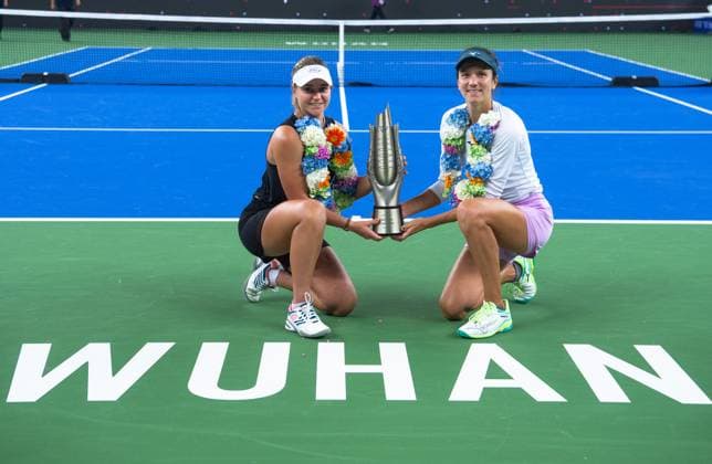 (241013) -- WUHAN, Oct. 13, 2024 -- Anna Danilina (R) Irina Khromacheva celebrate during the awarding ceremony of the women s doubles final match between Anna Danilina of Kazakhstan Irina Khromacheva of Russia and Asia Muhammad Jessica Pegula of the United States at the 2024 Wuhan Open tennis tournament in Wuhan, central China s Hubei Province, Oct. 13, 2024. ) (SP)CHINA-WUHAN-TENNIS-WUHAN OPEN-WOMEN S DOUBLES-FINAL(CN) XiaoxYijiu 