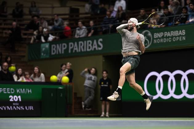 241013 Jacob Fearnley of Great Britain competes in a men s singles qualifier tennis match during day 2 of the ATP, Tennis Herren 250 Nordic Open on October 13, 2024 in Stockholm. Photo: Maxim ThorÃ BILDBYRAN kod MT MT0678 tennis nordic open 2 bbeng atp 250 Copyright: MAXIMxTHORE BB241013MT048