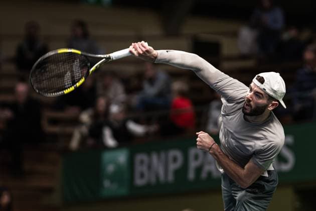 241013 Jacob Fearnley of Great Britain competes in a men s singles qualifier tennis match during day 2 of the ATP, Tennis Herren 250 Nordic Open on October 13, 2024 in Stockholm. Photo: Maxim ThorÃ BILDBYRAN kod MT MT0678 tennis nordic open 2 bbeng atp 250 Copyright: MAXIMxTHORE BB241013MT049