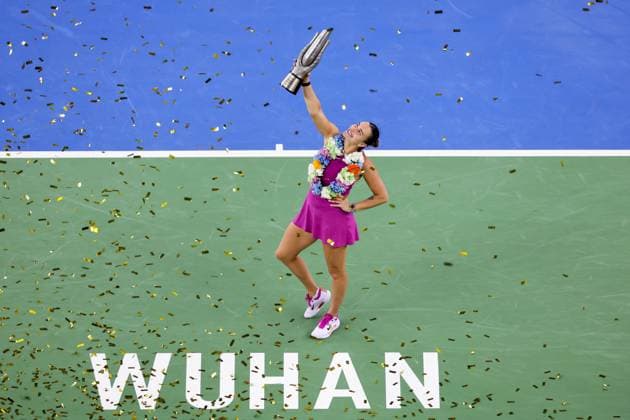 WUHAN, CHINA - OCTOBER 13: Champion Aryna Sabalenka poses with the trophy during the awarding ceremony after the Women s Singles Final match on day nine of 2024 Wuhan Open at Optics Valley International Tennis Center on October 13, 2024 in Wuhan, Hubei Province of China.  Copyright: xVCGx 111523557166