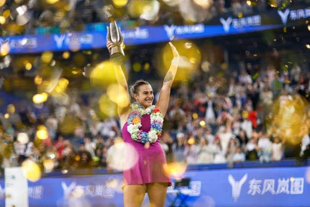 WUHAN, CHINA - OCTOBER 13: Champion Aryna Sabalenka poses with the trophy during the awarding ceremony after the Women s Singles Final match on day nine of 2024 Wuhan Open at Optics Valley International Tennis Center on October 13, 2024 in Wuhan, Hubei Province of China.  Copyright: xVCGx 111523553993
