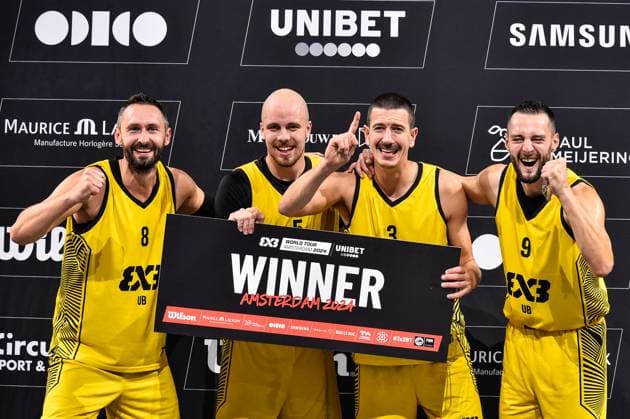 Bilder des Jahres 2024, Sport 10 Oktober 2024-10-13 FIBA 3x3 World Tour Amsterdam 2024 , - OCTOBER 13: Dejan Majstorovic - Ub, Nenad NerandÅ¾iÄ‡ - Ub, Strahinja Stojacic - Ub, Marko Brankovic - Ub during the FIBA 3x3 World Tour Amsterdam 2024 finals match between Ub and Liman at Gasthouder on October 13, 2024 in Amsterdam, Netherlands. Content not available for redistribution in The Netherlands directly or indirectly through any third parties. Copyright: xEdwinxJ.H.xdexVriesx
