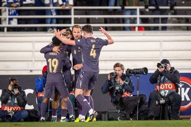 England players Angel Gomes, Jack Grealish, Harry Kane and Declan Rice celebrating a goal Made by Jack Grealish during the UEFA Nations League Group B2 match between Finland and England at the Helsinki Olympic Stadium 13. October 2024 in Helsinki, Finland. (Mauri Forsblom Newspix24)  Copyright: xKallexParkkinenx NP24_02812367