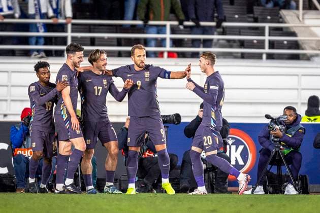 England players Angel Gomes, Jack Grealish, Harry Kane Declan Rice and Cole Palmer celebrating a goal Made by Jack Grealish during the UEFA Nations League Group B2 match between Finland and England at the Helsinki Olympic Stadium 13. October 2024 in Helsinki, Finland. (Mauri Forsblom Newspix24)  Copyright: xKallexParkkinenx NP24_02812370