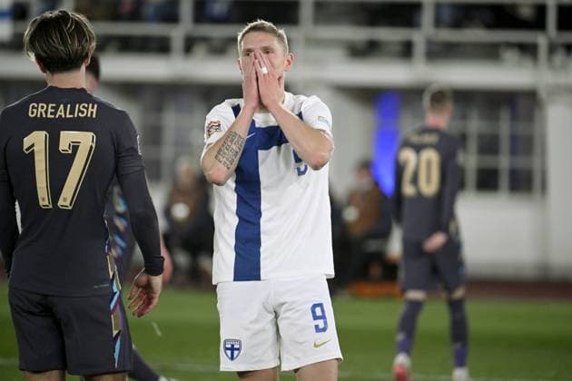 Fredrik Jensen of Finland reacts to a missed opportunity on goal during the UEFA Nations League, League B - Group 2, football match between Finland and England at the Olympic Stadium in Helsinki, Finland, on October 13, 2024. Helsinki Finland LKFTJK20241013201536EQCY  Copyright: xAnttixAimo-Koivistox LKFTJK20241013201536EQCY