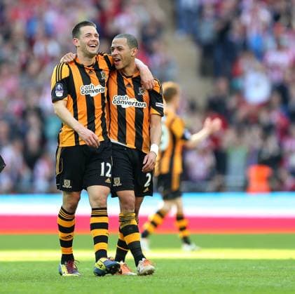 Soccer 2014: Hull City vs Sheffield United APR 13 April 13, 2014 - London, United Kingdom - Hull s Matty Fryatt celebrates at the final whistle with Liam Rosenior..Hull City vs Sheffield United- FA Cup Semi Final, Wembley Stadium - London - England - 13 04 2014 - Pic David Klein Sportimage. London United Kingdom EDITORIAL USE ONLY Copyright: xx ZUMA-20140413_zaf_si1_153.jpg DavidxKleinx csmphoto906783