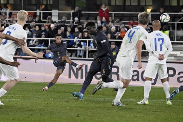 Trent Alexander-Arnold (2L) of England shoots to score the team s second goal during the UEFA Nations League, League B - Group 2, football match between Finland and England at the Olympic Stadium in Helsinki, Finland, on October 13, 2024. Helsinki Finland LKFTJK20241013203658NTGN  Copyright: xMarkkuxUlanderx LKFTJK20241013203658NTGN