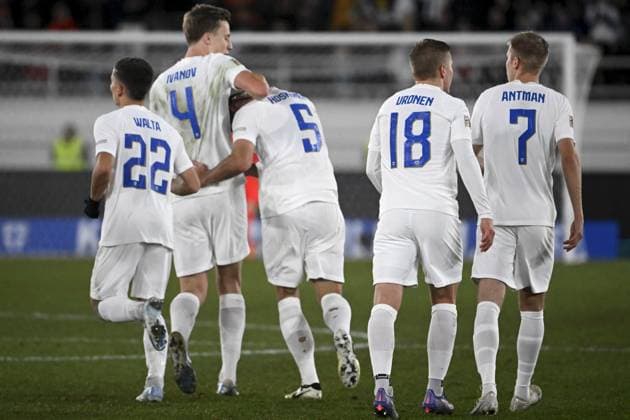 Finnish players celebrate the team s first goal by Arttu Hoskonen (C) during the UEFA Nations League, League B - Group 2, football match between Finland and England at the Olympic Stadium in Helsinki, Finland, on October 13, 2024. Helsinki Finland LKFTJK20241013204753CURO  Copyright: xAnttixAimo-Koivistox LKFTJK20241013204753CURO