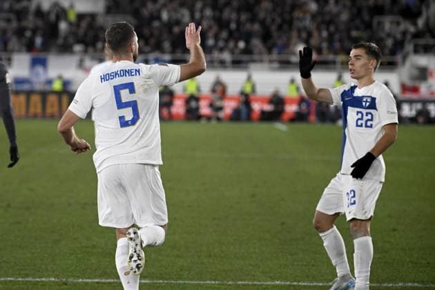 Arttu Hoskonen (L) of Finland celebrates his goal with Leo Walta during the UEFA Nations League, League B - Group 2, football match between Finland and England at the Olympic Stadium in Helsinki, Finland, on October 13, 2024. Helsinki Finland LKFTJK20241013204737MBKK  Copyright: xAnttixAimo-Koivistox LKFTJK20241013204737MBKK