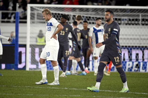Joel Pohjanpalo (L) of Finland and Kyle Walker of England react after the UEFA Nations League, League B - Group 2, football match between Finland and England at the Olympic Stadium in Helsinki, Finland, on October 13, 2024. Helsinki Finland LKFTJK20241013205537WXNC  Copyright: xAnttixAimo-Koivistox LKFTJK20241013205537WXNC