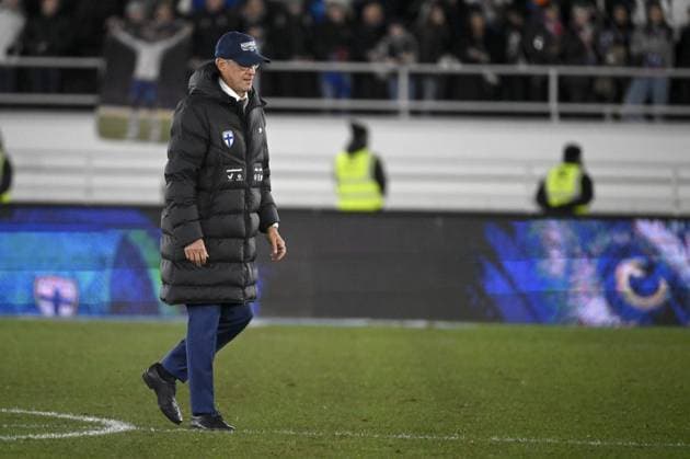 Head coach Markku Kanerva of Finland reacts after the UEFA Nations League, League B - Group 2, football match between Finland and England at the Olympic Stadium in Helsinki, Finland, on October 13, 2024. Helsinki Finland LKFTJK20241013205924QVZZ  Copyright: xAnttixAimo-Koivistox LKFTJK20241013205924QVZZ