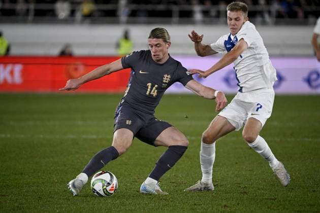 Conor Gallagher (L) of England vies for the ball with Oliver Antman of Finland during the UEFA Nations League, League B - Group 2, football match between Finland and England at the Olympic Stadium in Helsinki, Finland, on October 13, 2024. Helsinki Finland LKFTJK20241013205323YEGM  Copyright: xAnttixAimo-Koivistox LKFTJK20241013205323YEGM