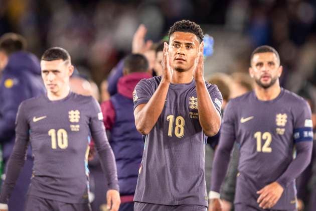 Phil Foden, Ollie Watkins and Kyle Walker of England during the UEFA Nations League Group B2 match between Finland and England at the Helsinki Olympic Stadium 13. October 2024 in Helsinki, Finland. (Mauri Forsblom Newspix24)  Copyright: xKallexParkkinenx NP24_02812389
