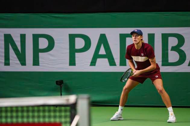 STOCKHOLM, SVERIGE 20241014 Leo Borg i par med Adam Heinonen som möter Gonzalo Escobar och Diego Hidalgo (Ecuador) under BNP Paribas Nordic Open pa Kungliga tennishallen i Stockholm. STOCKHOLM SVERIGE x12056x