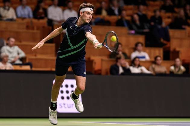 241014 Marc-Andrea Huesler of Switzerland competes in a men s singles tennis match during day 3 of the ATP, Tennis Herren 250 Nordic Open on October 14, 2024 in Stockholm. Photo: Jesper Zerman BILDBYRAN kod JZ JZ0576 tennis nordic open 3 bbeng Copyright: JESPERxZERMAN BB241014JZ059