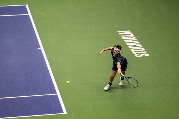 241014 Marc-Andrea Huesler of Switzerland competes in a men s singles tennis match during day 3 of the ATP, Tennis Herren 250 Nordic Open on October 14, 2024 in Stockholm. Photo: Jesper Zerman BILDBYRAN kod JZ JZ0576 tennis nordic open 3 bbeng Copyright: JESPERxZERMAN BB241014JZ065