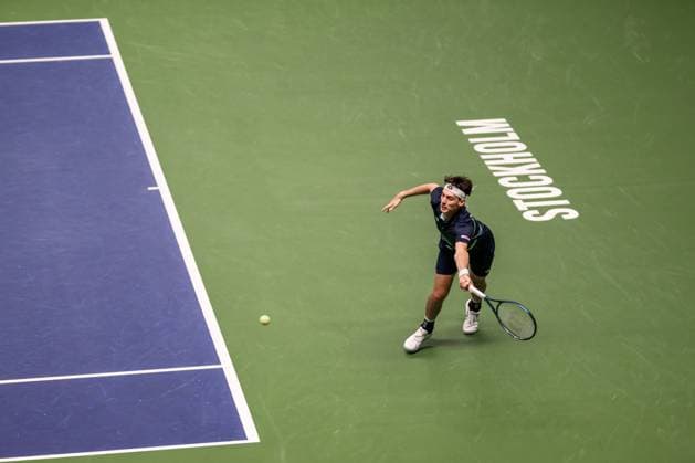 241014 Marc-Andrea Huesler of Switzerland competes in a men s singles tennis match during day 3 of the ATP, Tennis Herren 250 Nordic Open on October 14, 2024 in Stockholm. Photo: Jesper Zerman BILDBYRAN kod JZ JZ0576 tennis nordic open 3 bbeng Copyright: JESPERxZERMAN BB241014JZ068