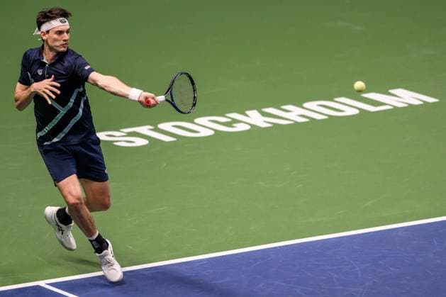 241014 Marc-Andrea Huesler of Switzerland competes in a men s singles tennis match during day 3 of the ATP, Tennis Herren 250 Nordic Open on October 14, 2024 in Stockholm. Photo: Jesper Zerman BILDBYRAN kod JZ JZ0576 tennis nordic open 3 bbeng Copyright: JESPERxZERMAN BB241014JZ069