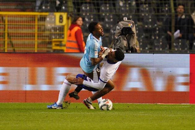 William Saliba of France fouls Lois Openda of Belgium to concede a penalty that Youri Tielemans of Belgium then misses Belgium v France, UEFA Nations League, League A, Group 2, Football, Stade Roi Baudouin, Brussels, Belgium, 14 Oct 2024 EDITORIAL USE ONLY No use with unauthorised audio, video, data, fixture lists, club league logos or live services. Online in-match use limited to 120 images, no video emulation. No use in betting, games or single club league player publications. Copyright: xDavexWinter Shutterstockx 14783126aa