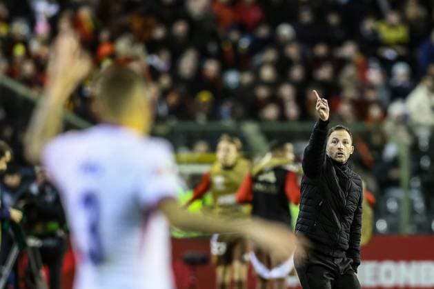 Belgium s head coach Domenico Tedesco gestures during a soccer game between Belgian national soccer team Red Devils and France, match 4 (out of 6) in the League A Group 2 of the UEFA Nations League 2025 competition, Monday 14 October 2024 in Brussels. BRUNOxFAHY  x102531522x
