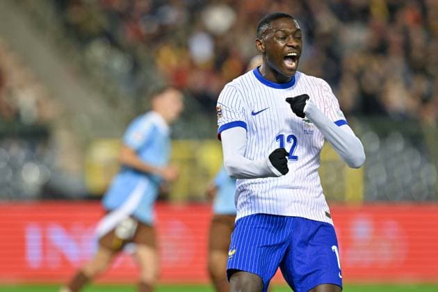 241014 UEFA NATIONS LEAGUE A2 - D4 BELGIUM VS FRANCE Randal Kolo Muani (12) of France celebrates after scoring the 0-1 goal during a soccer game between the national teams of Belgium, called the Red Devils and France, called les Bleus in the fourth game in group A2 in the UEFA Nations League , on Monday 14 October 2024 in Brussels , Belgium . photo isosport David Catry BRUSSELS BELGIUM  Copyright: xx 482870