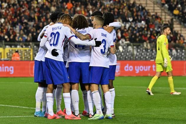 241014 UEFA NATIONS LEAGUE A2 - D4 BELGIUM VS FRANCE players of France celebrate the 0-1 goal from Randal Kolo Muani (12) of France during a soccer game between the national teams of Belgium, called the Red Devils and France, called les Bleus in the fourth game in group A2 in the UEFA Nations League , on Monday 14 October 2024 in Brussels , Belgium . photo isosport David Catry BRUSSELS BELGIUM  Copyright: xx 482877