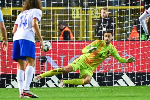 Belgium v France - UEFA Nations League 14 10 2024 BRUSSELS, BELGIUM - OCTOBER 14 : Kolo Muani Randal forward of France scoring a penalty shot against Casteels Koen goalkeeper of Belgium during the UEFA Nations League tournament League A Phase Group A2 match between Belgium and France on October 14, 2024 in Brussels, Belgium, 14 10 2024 Brussels Belgium  Copyright: xVincentxKalutx