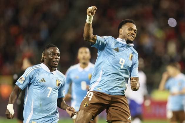 Sport Bilder des Tages Belgium s Lois Openda celebrates after scoring during a soccer game between Belgian national soccer team Red Devils and France, match 4 (out of 6) in the League A Group 2 of the UEFA Nations League 2025 competition, Monday 14 October 2024 in Brussels. BRUNOxFAHY  x102532139x