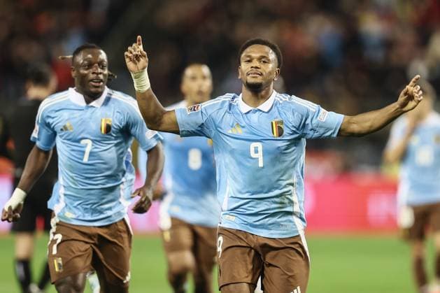 Belgium s Lois Openda celebrates after scoring during a soccer game between Belgian national soccer team Red Devils and France, match 4 (out of 6) in the League A Group 2 of the UEFA Nations League 2025 competition, Monday 14 October 2024 in Brussels. BRUNOxFAHY  x102532148x