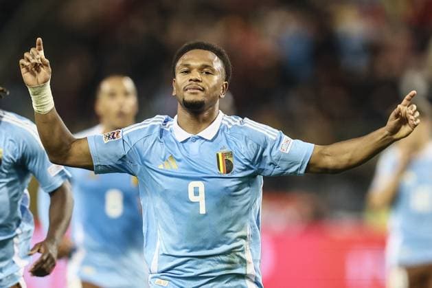 Belgium s Lois Openda celebrates after scoring during a soccer game between Belgian national soccer team Red Devils and France, match 4 (out of 6) in the League A Group 2 of the UEFA Nations League 2025 competition, Monday 14 October 2024 in Brussels. BRUNOxFAHY  x102532154x