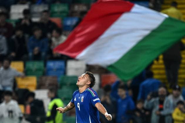 Mg Udine 14 10 2024 - Nations League Italia-Israele foto Matteo Gribaudi Image nella foto: esultanza gol Mateo Retegui 