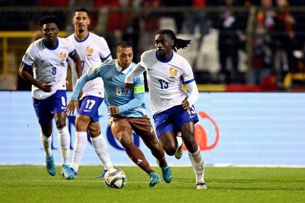 BRUSSELS - (l-r) Youri Tielemans of Belgium, Manu Kone of France during the UEFA Nations League match between Belgium and France at the King Baudouin Stadium on Oct. 14, 2024 in Brussels, Belgium. ANP Hollandse Hoogte UEFA Nations League 2024 25 League A Group A2 2024 25 xVIxANPxSportx xGerritxvanxKeulenxIVx 510904264 originalFilename: 510904264.jpg