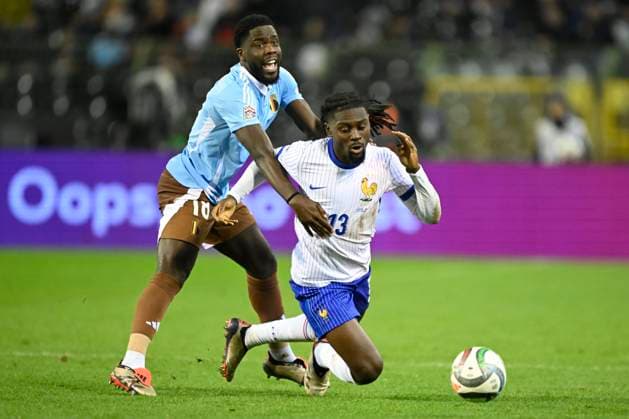 Belgium v France - UEFA Nations League 14 10 2024 BRUSSELS, BELGIUM - OCTOBER 14 : Mangala Orel midfielder of Belgium in action with Kone Manu midfielder of France during the UEFA Nations League tournament League A Phase Group A2 match between Belgium and France on October 14, 2024 in Brussels, Belgium, 14 10 2024 Brussels Belgium  Copyright: xNicoxVereeckenx