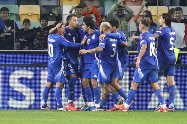 October 14, 2024, Udine, Milan, Italy: Matteo Retegui of Italy celebrates after scoring goal on penalty during Italy vs Israel, matchday 4 of League A of Uefa Nations League 2025, game at Bluenergy stadium - stadio Friuli in Udine (UD), Italy, on October 14, 2024. CALCIO - UEFA Nations League - Italy vs Israel  - ZUMAs349 20241014_zsa_s349_026 Copyright: xDavidexCasentini IpaxSportx xIpax