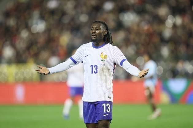 France s Manu Kone reacts during a soccer game between Belgian national soccer team Red Devils and France, match 4 (out of 6) in the League A Group 2 of the UEFA Nations League 2025 competition, Monday 14 October 2024 in Brussels. BRUNOxFAHY  x102533098x