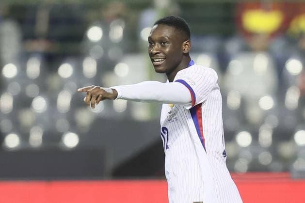 France s Randal Kolo Muani celebrates after scoring during a soccer game between Belgian national soccer team Red Devils and France, match 4 (out of 6) in the League A Group 2 of the UEFA Nations League 2025 competition, Monday 14 October 2024 in Brussels. BRUNOxFAHY  x102533272x