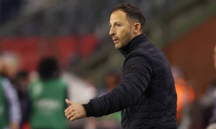 Belgium s head coach Domenico Tedesco gestures during a soccer game between Belgian national soccer team Red Devils and France, match 4 (out of 6) in the League A Group 2 of the UEFA Nations League 2025 competition, Monday 14 October 2024 in Brussels. VIRGINIExLEFOUR  x102534062x